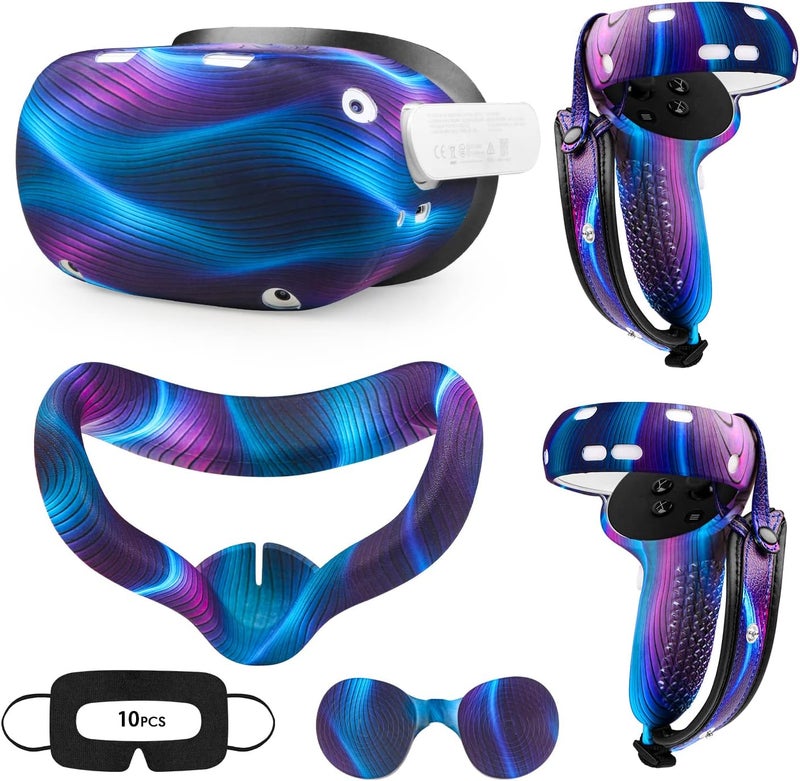 Relohas Accessories for Oculus Quest 2, VR Accessory Set for Meta Quest 2, Include Controller Grip Leather Cover, VR Shell Cover, Face Cover, The Best Gifts for Christmas and Halloween(Aurora Blue) - Image 1